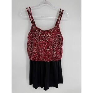 Paradise Bay Women Red Black Animal Print Blouson Swim Dress One Piece Sz 12